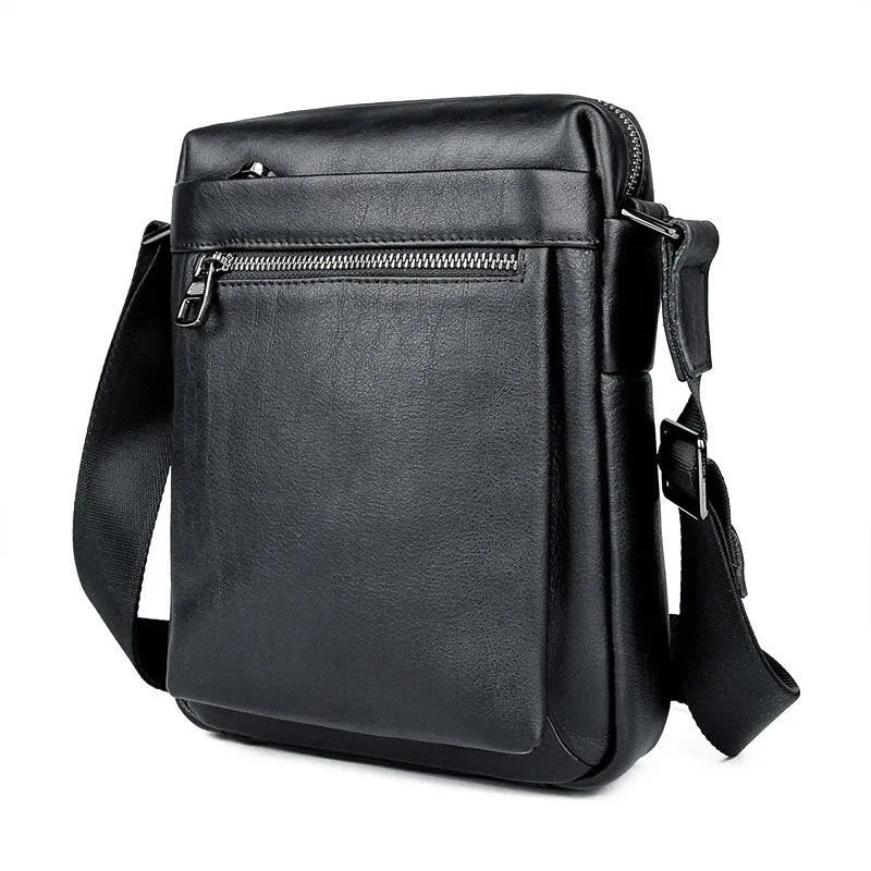 Black Cool Leather 8 inches Small Vertical Messenger Bag Courier Bag Postman Bag For Men