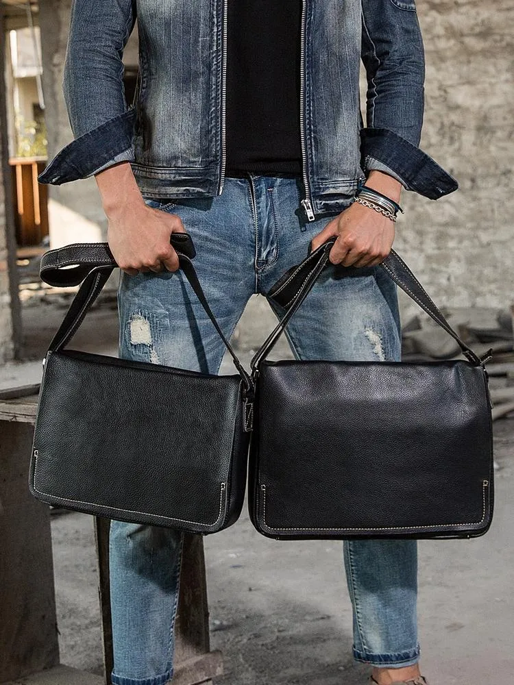 Black Large Leather Mens Cool Messenger Bags Shoulder Bags  for Men