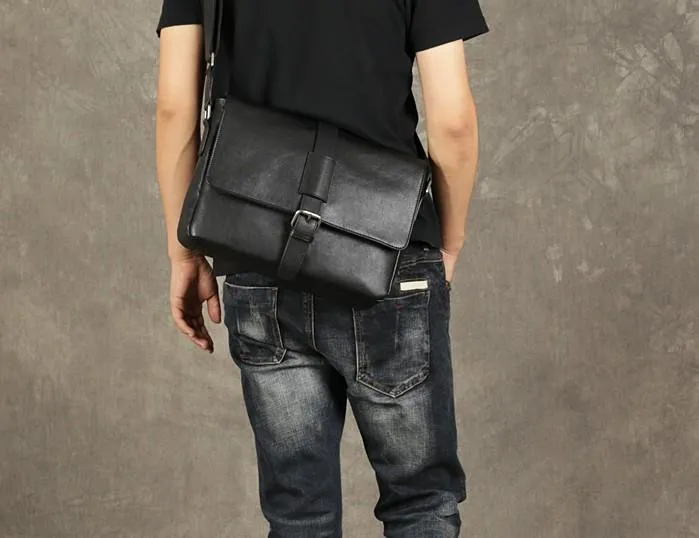 Black Leather Mens Cool Messenger Bag Shoulder Bag Bike Bag Shoulder Bag for men