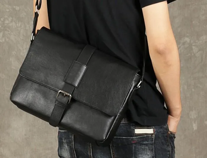 Black Leather Mens Cool Messenger Bag Shoulder Bag Bike Bag Shoulder Bag for men