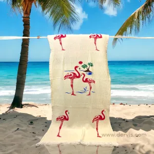 Flamingo Hand Print Turkish Towel Pestemal - Beach Towel