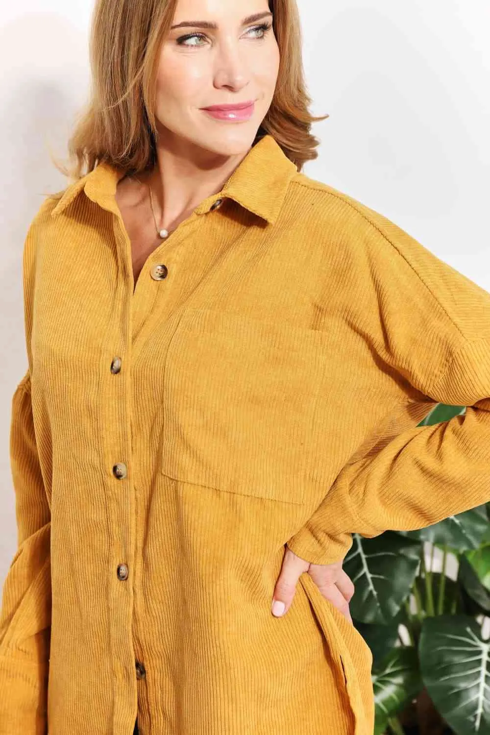 Full Size Oversized Corduroy  Button-Down Tunic Shirt with Bust Pocket