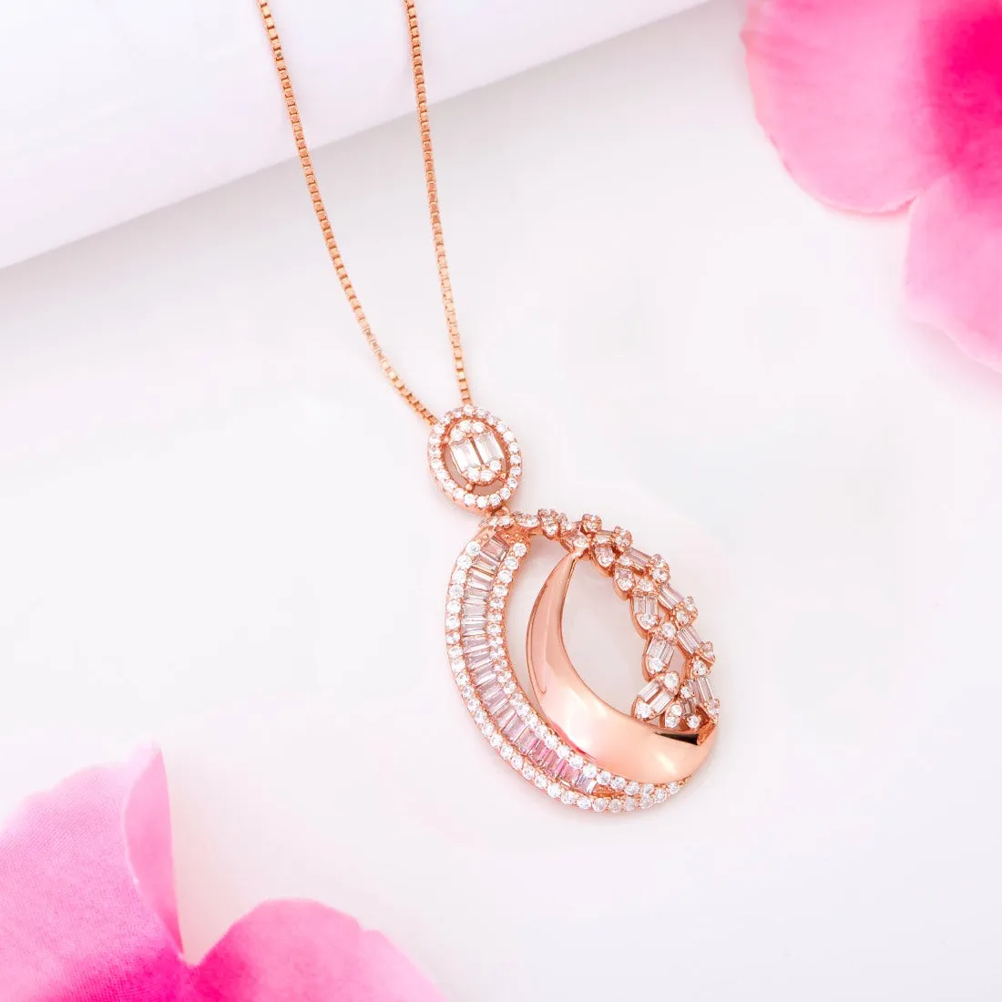 Oval Opulence 925 Sterling Silver CZ Rose Gold-Plated Oval Pendant with Chain