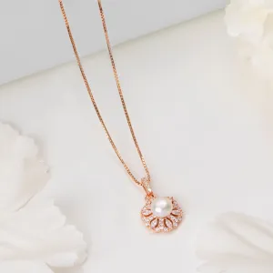 Radiant Pearl Bouquet CZ & Pearl Rose Gold 925 Sterling Silver Pendant with Chain