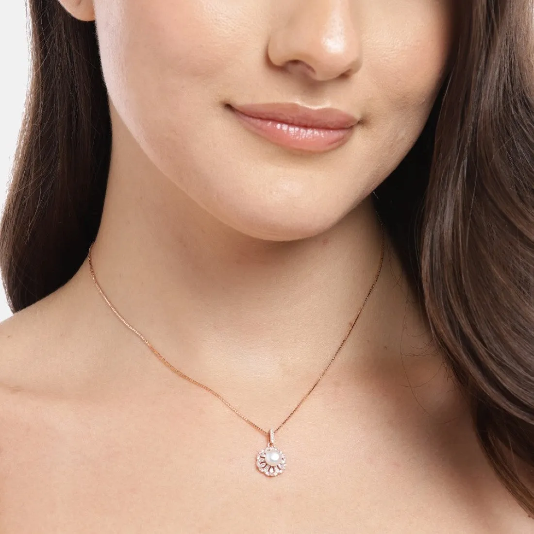 Radiant Pearl Bouquet CZ & Pearl Rose Gold 925 Sterling Silver Pendant with Chain