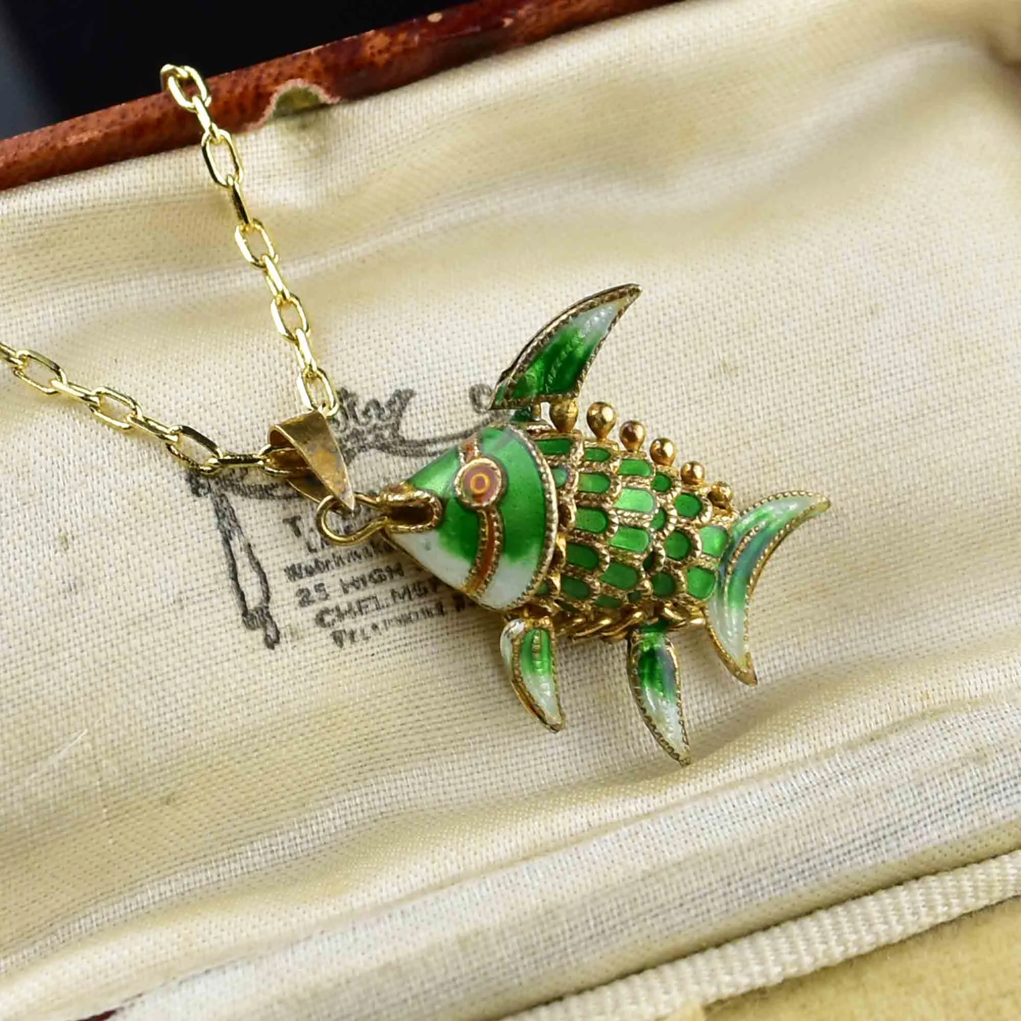 Vintage Green Enamel Sun Fish Pendant Necklace