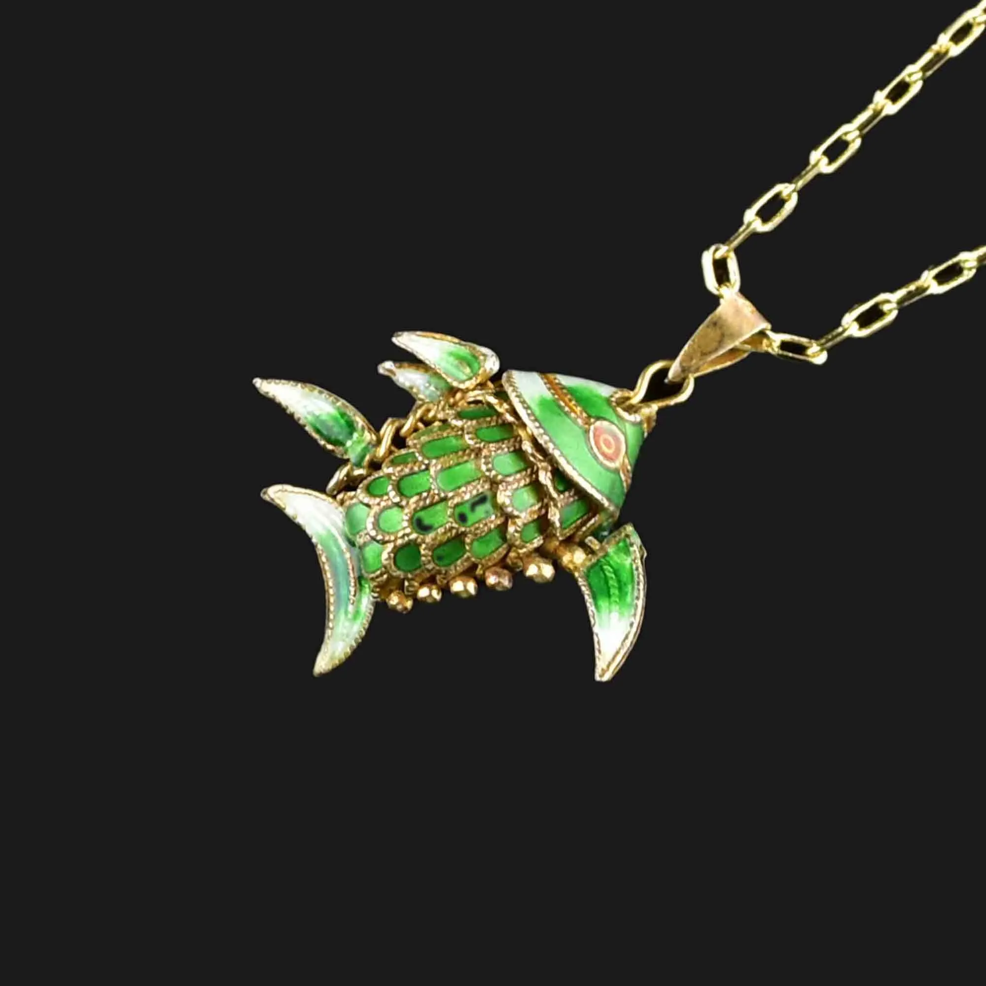 Vintage Green Enamel Sun Fish Pendant Necklace